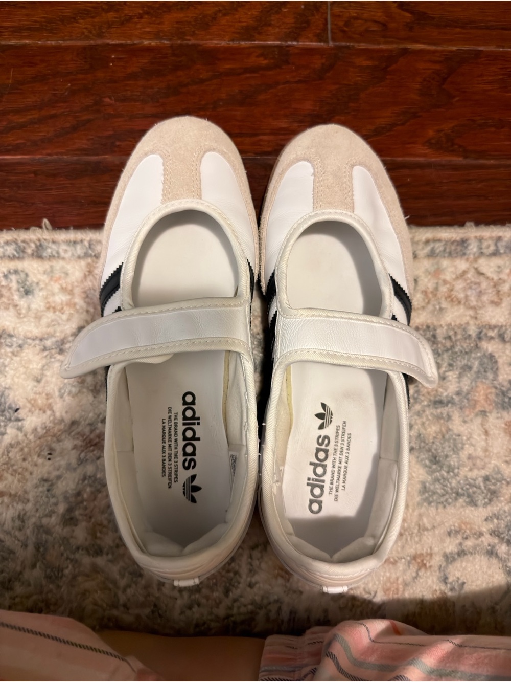 adidas White & Beige Mary Jane Sneakers with Black Stripes